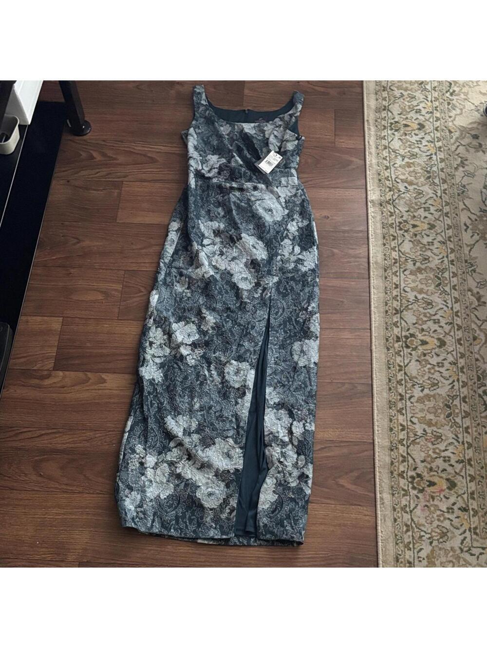 Adrianna Papell Matelasse Elegant Floral Maxi Dress with Slit Midnight Blue Prom